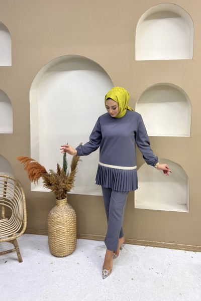 Pilise Detay Tesettür Takım Gri