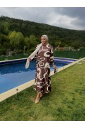 Özel Tasarım Desen Tesettür Elbise-Acıkahve-bej