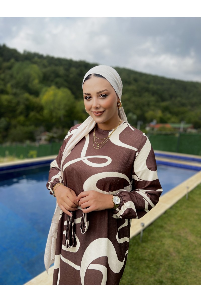 Özel Tasarım Desen Tesettür Elbise-Acıkahve-bej