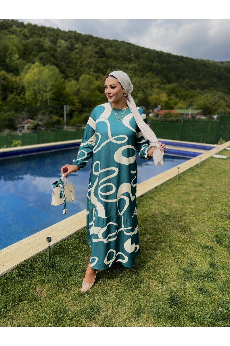 Özel Tasarım Desen Tesettür Elbise- Çam Yeşili-bej