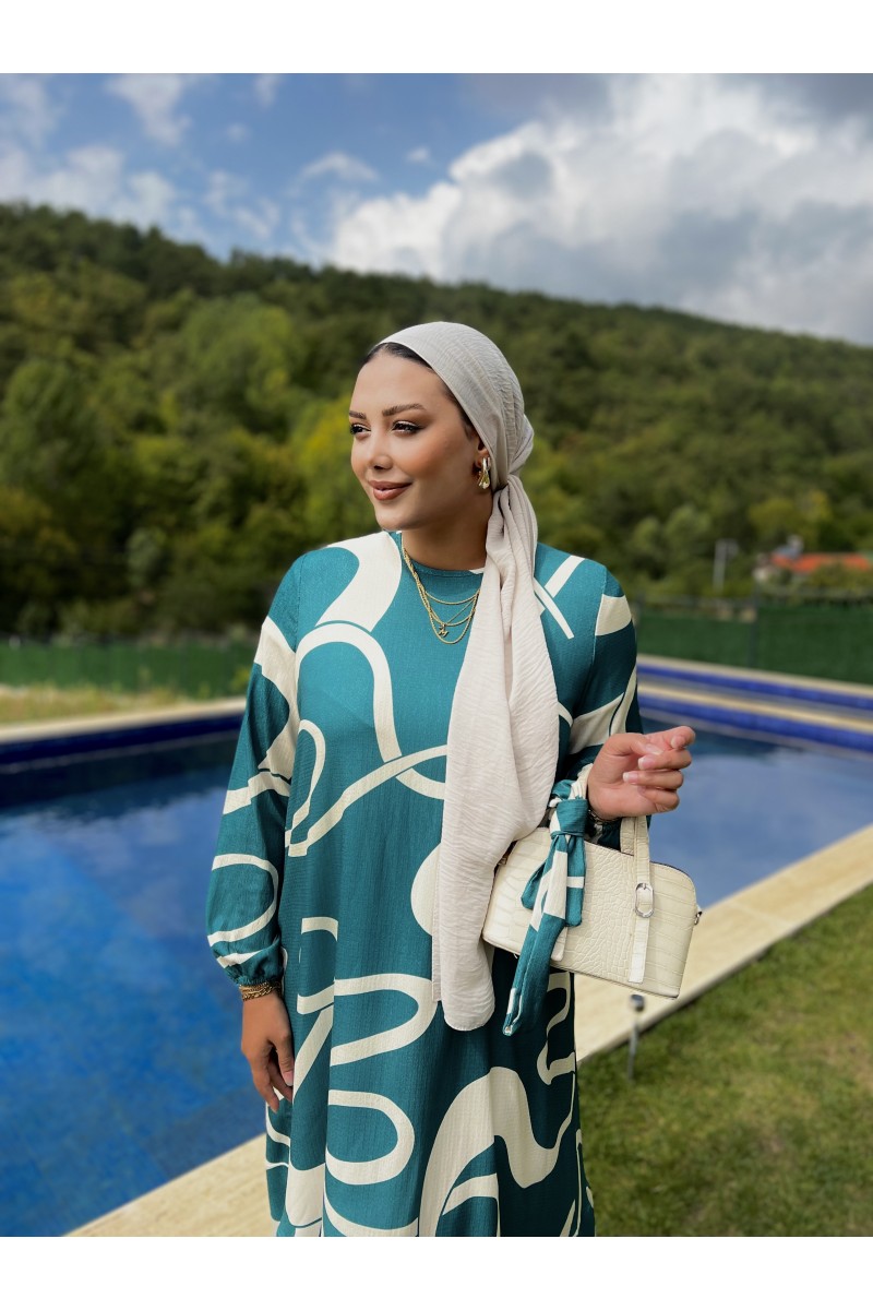 Özel Tasarım Desen Tesettür Elbise- Çam Yeşili-bej