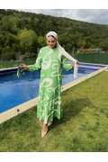 Özel Tasarım Desen Tesettür Elbise-Yeşil-bej