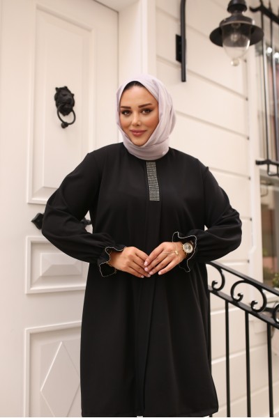 Parlak Taş Detaylı Tesettür Takım-Siyah