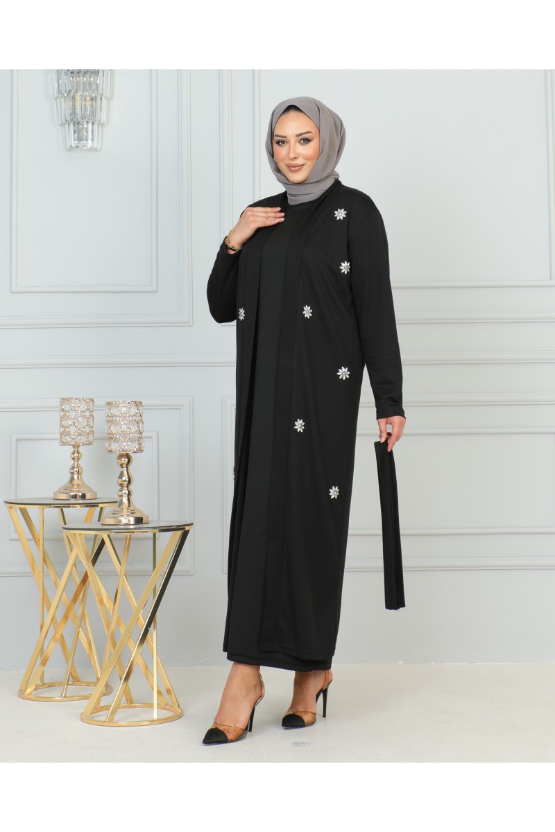 Tasarım Çiçek Motifli Abaya Takım