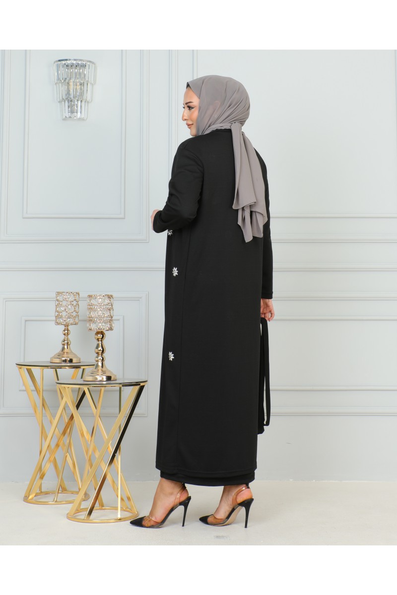 Tasarım Çiçek Motifli Abaya Takım
