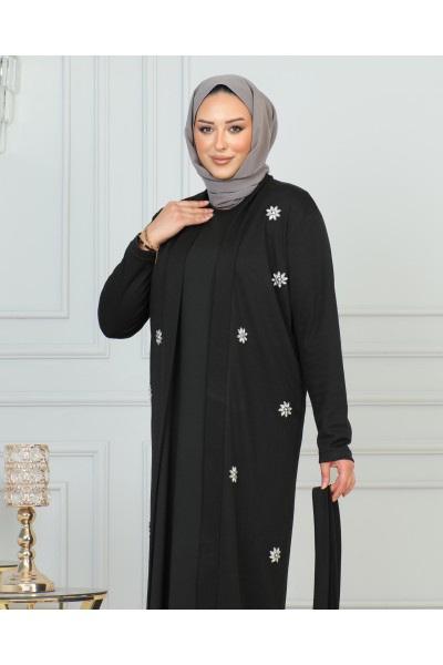 Tasarım Çiçek Motifli Abaya Takım