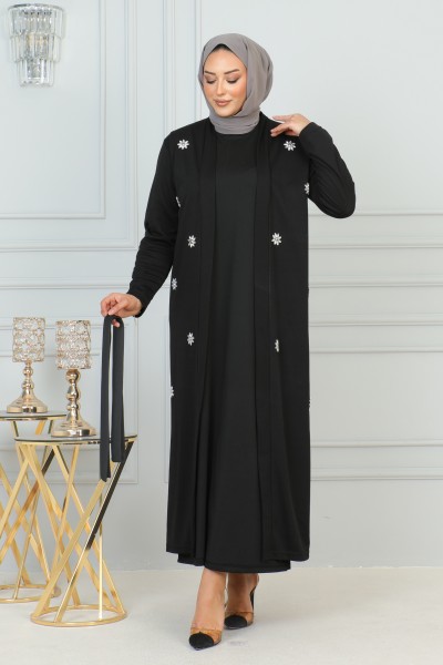 Tasarım Çiçek Motifli Abaya Takım
