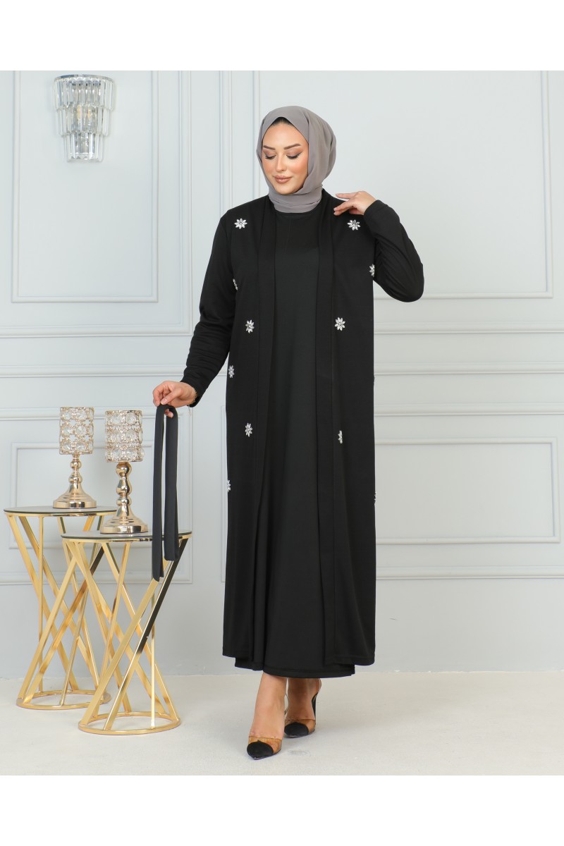 Tasarım Çiçek Motifli Abaya Takım