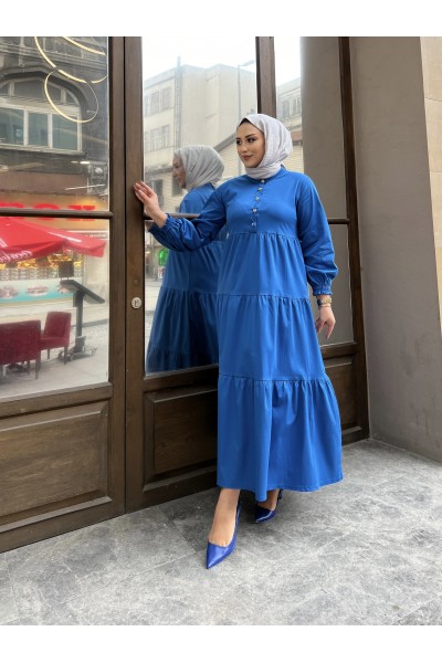 Kat Kat Pileli Tesettür Elbise-Saks mavi