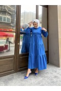Kat Kat Pileli Tesettür Elbise-Saks mavi