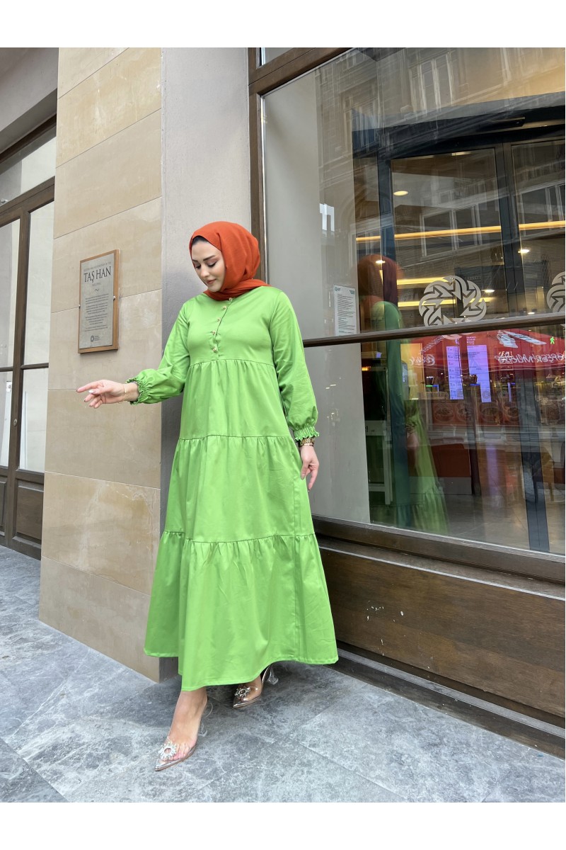 Kat Kat Pileli Tesettür Elbise-Fıstık Yeşili