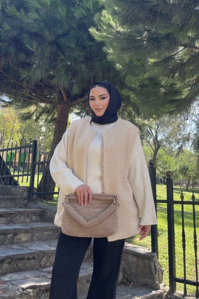 Kadın Sıfır Kol Peluş Yelek Bej