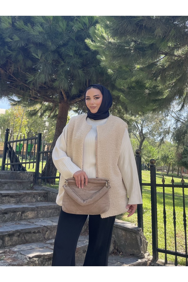 Kadın Sıfır Kol Peluş Yelek Bej