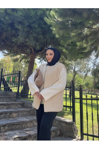 Kadın Sıfır Kol Peluş Yelek Bej